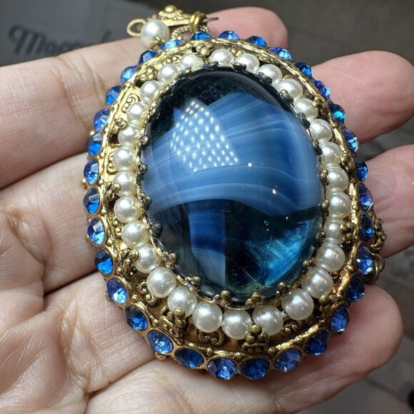 VTG Pendant Necklace 26" W Germany Porphyry Blue Art Glass Filigree Faux Pearl - Picture 6 of 12